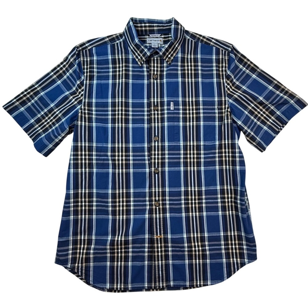 Carhartt Mens Relaxed Fit Plaid Short Sleeve Button Down Shirt Blue L utiity
